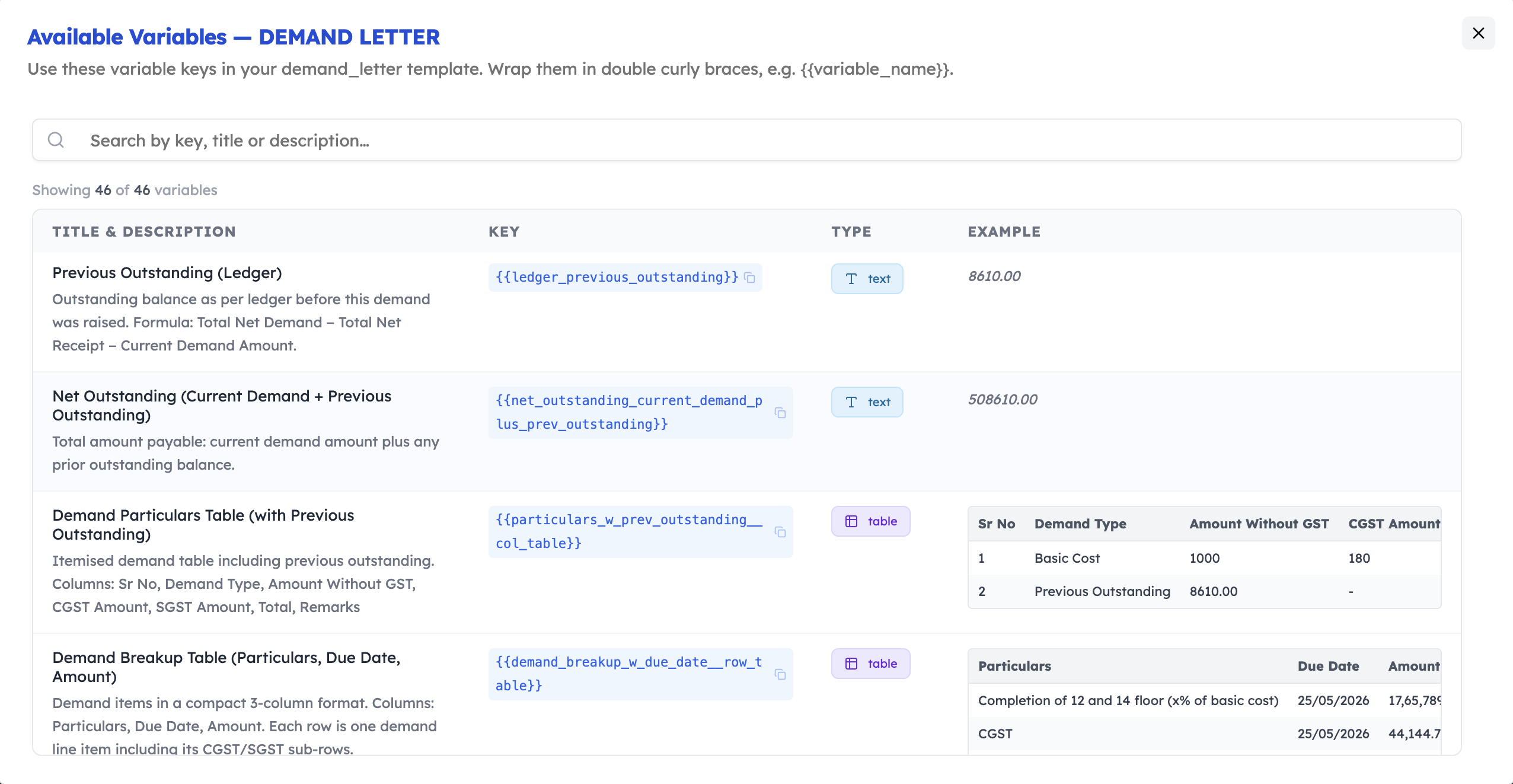 Available Variables Modal